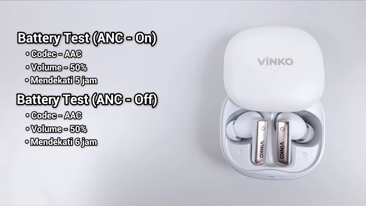 Battery test Vinko S10‑NC menampilkan ANC On dan ANC Off dengan estimasi durasi hampir 5 jam dan 6 jam