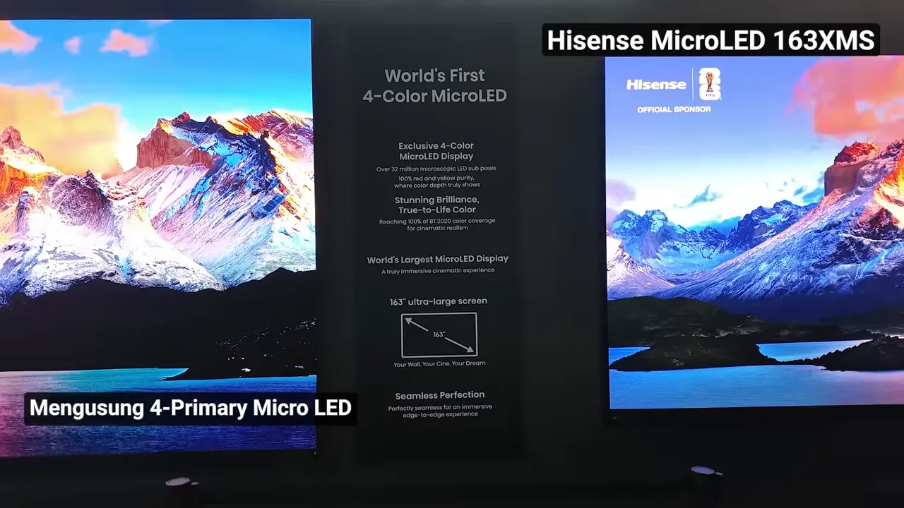 Hisense 163X microLED with center information panel reading World's First 4-Color MicroLED flanked by two vibrant screens