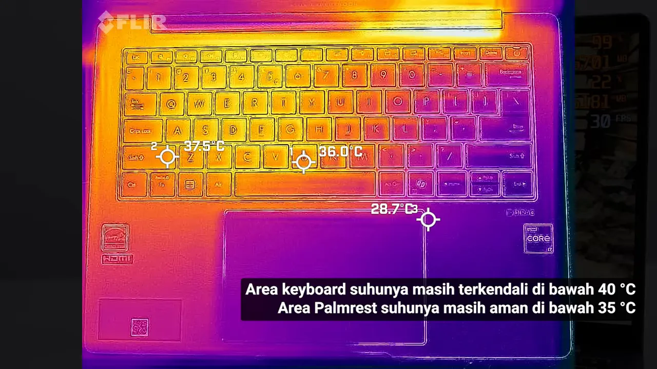 Gambar termal keyboard laptop menampilkan titik suhu 37.5°C pada keyboard, 36.0°C di tengah, dan 28.7°C pada palmrest dengan teks penjelas