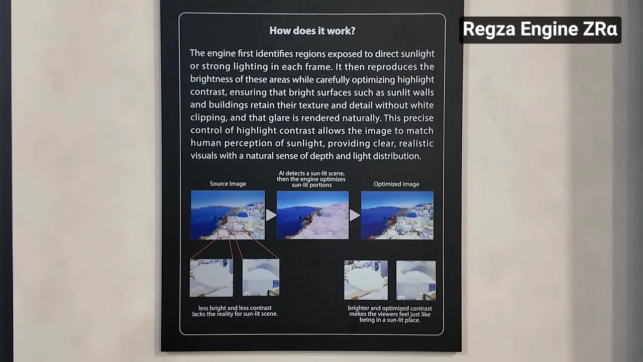 Papan informasi 'How does it work?' yang menjelaskan bahwa engine mendeteksi adegan terpapar sinar matahari lalu mengoptimalkan kecerahan dan kontras.