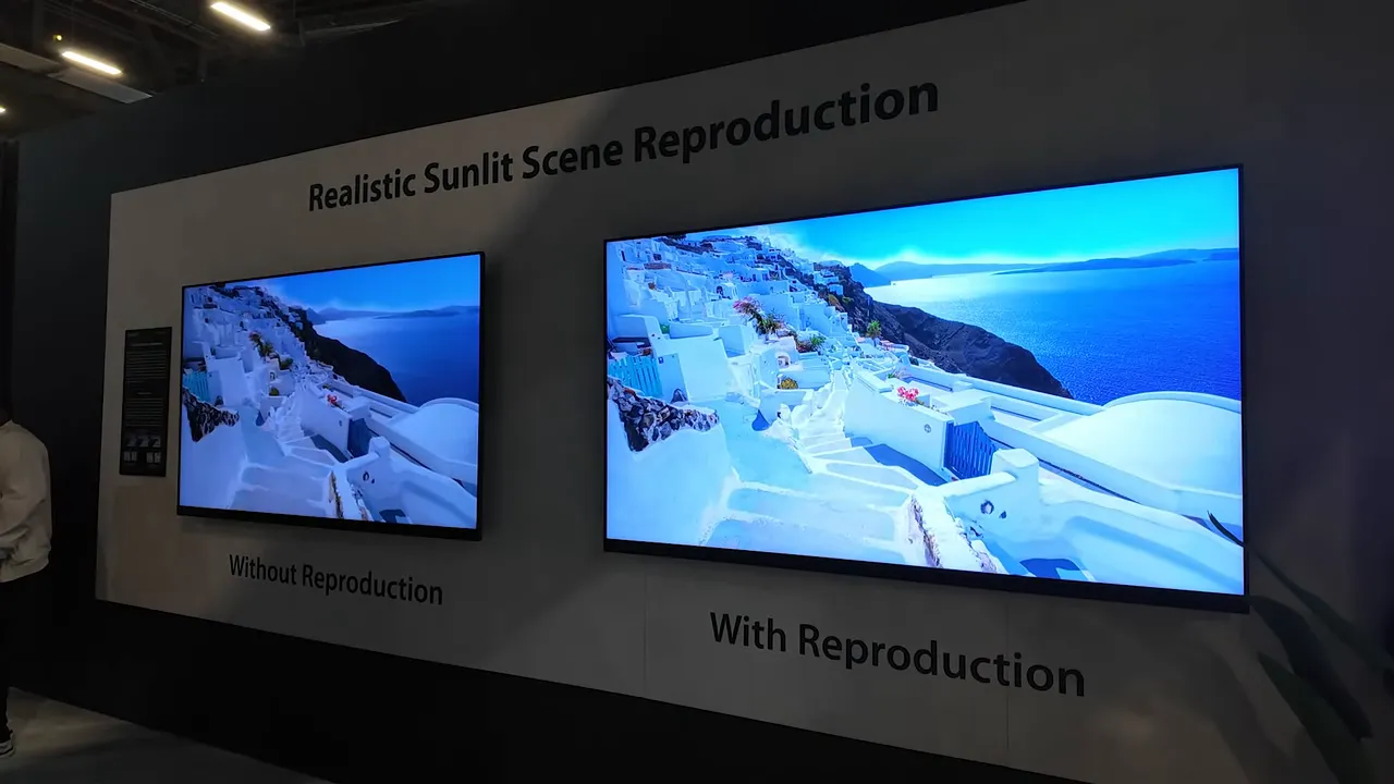 Dua layar menampilkan perbandingan 'With Reproduction' dan 'Without Reproduction' untuk adegan sinar matahari.