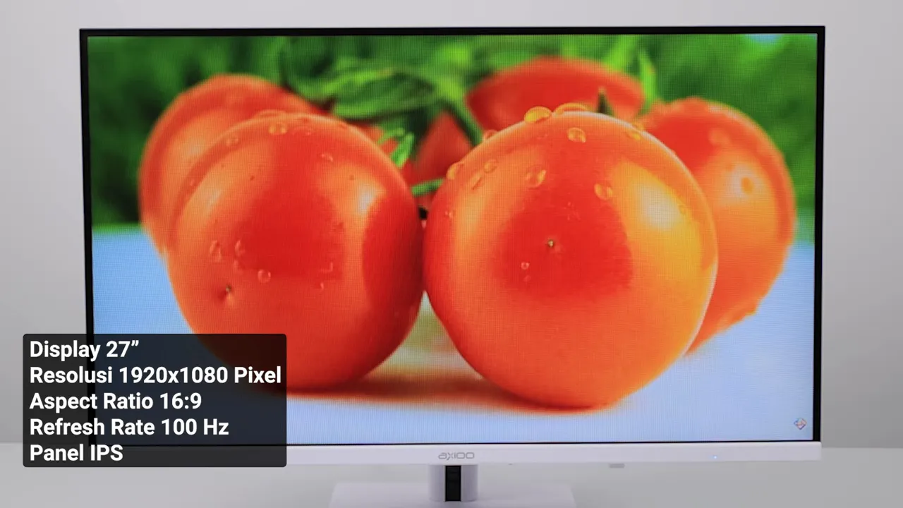 Depan Axioo Hype Flex 7+ Pro Max 27 inci dengan bezel tipis dan gambar buah di layar