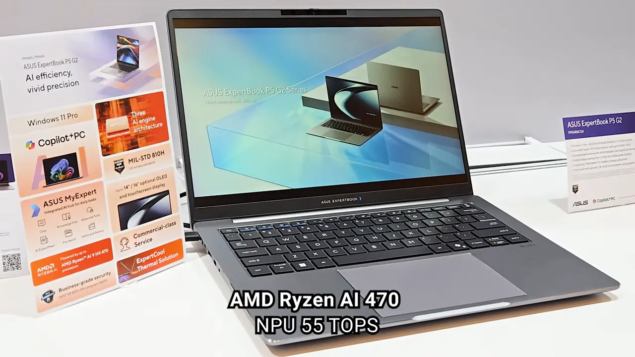 ASUS ExpertBook PM5 G2 with 'AMD Ryzen AI 470 NPU 55 TOPS' caption visible