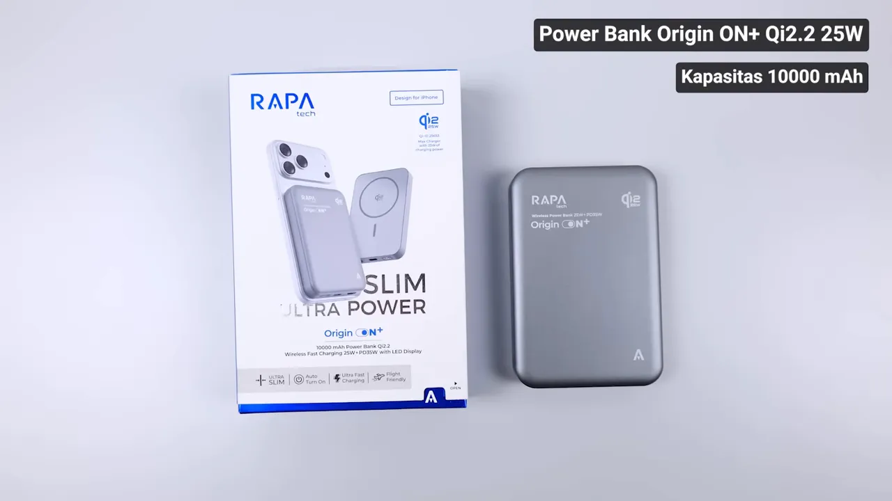 RAPAtech Origin ON+ powerbank 10000 mAh dengan dukungan wireless 25W berdampingan dengan kotak