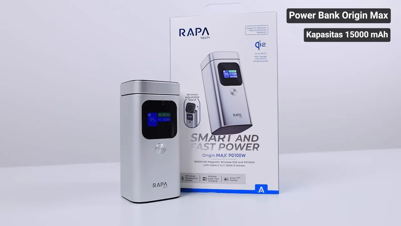 RAPAtech Origin Max powerbank 15000 mAh dengan layar tampilan dan kotak di latar belakang.