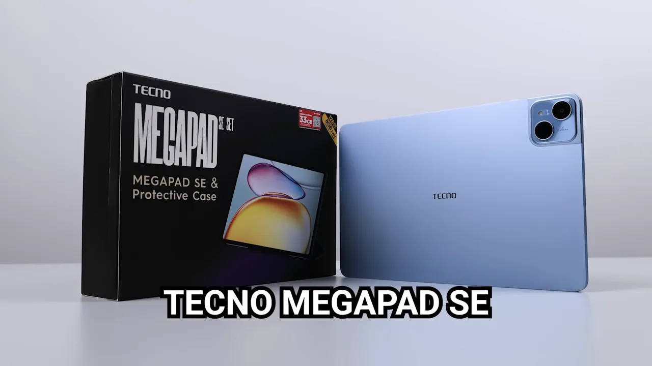 TECNO Megapad SE tablet berdiri di samping kotak paketnya
