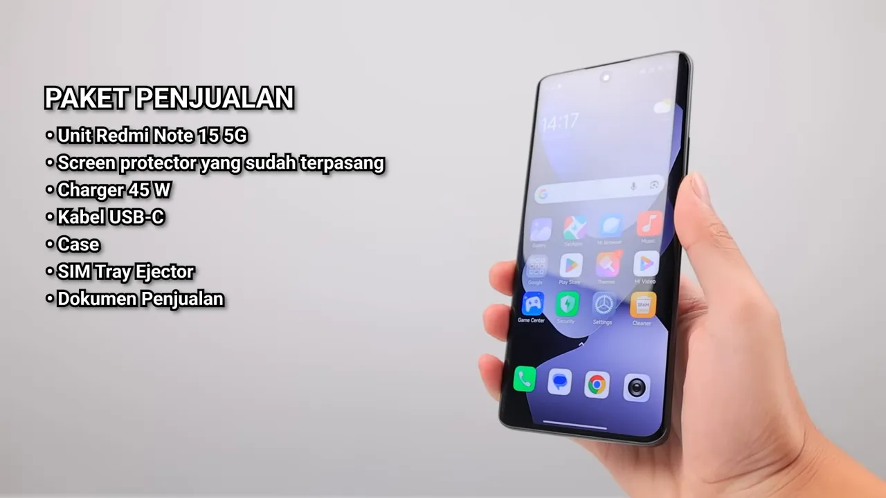 Layar dengan teks 'PAKET PENJUALAN' dan tangan memegang Redmi Note 15 5G