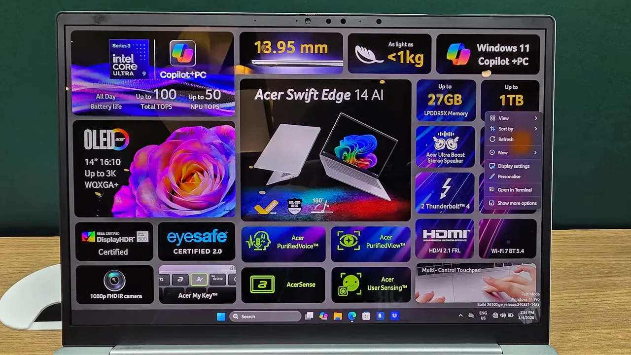 Tampilan layar Acer Swift Edge 14 AI dengan ikon fitur dan spesifikasi seperti OLED, berat <1kg, dan Thunderbolt