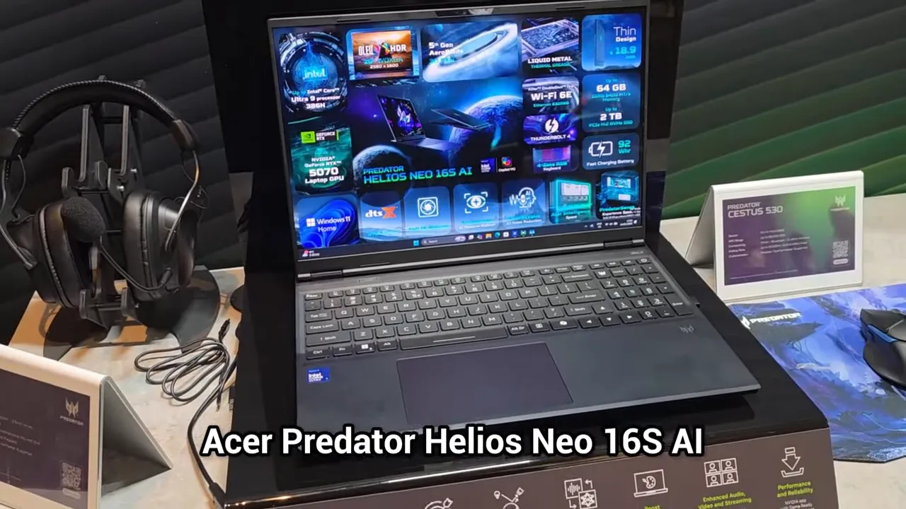 Acer Predator Helios Neo 16S AI laptop dari depan di booth CES, layar dan keyboard terlihat jelas