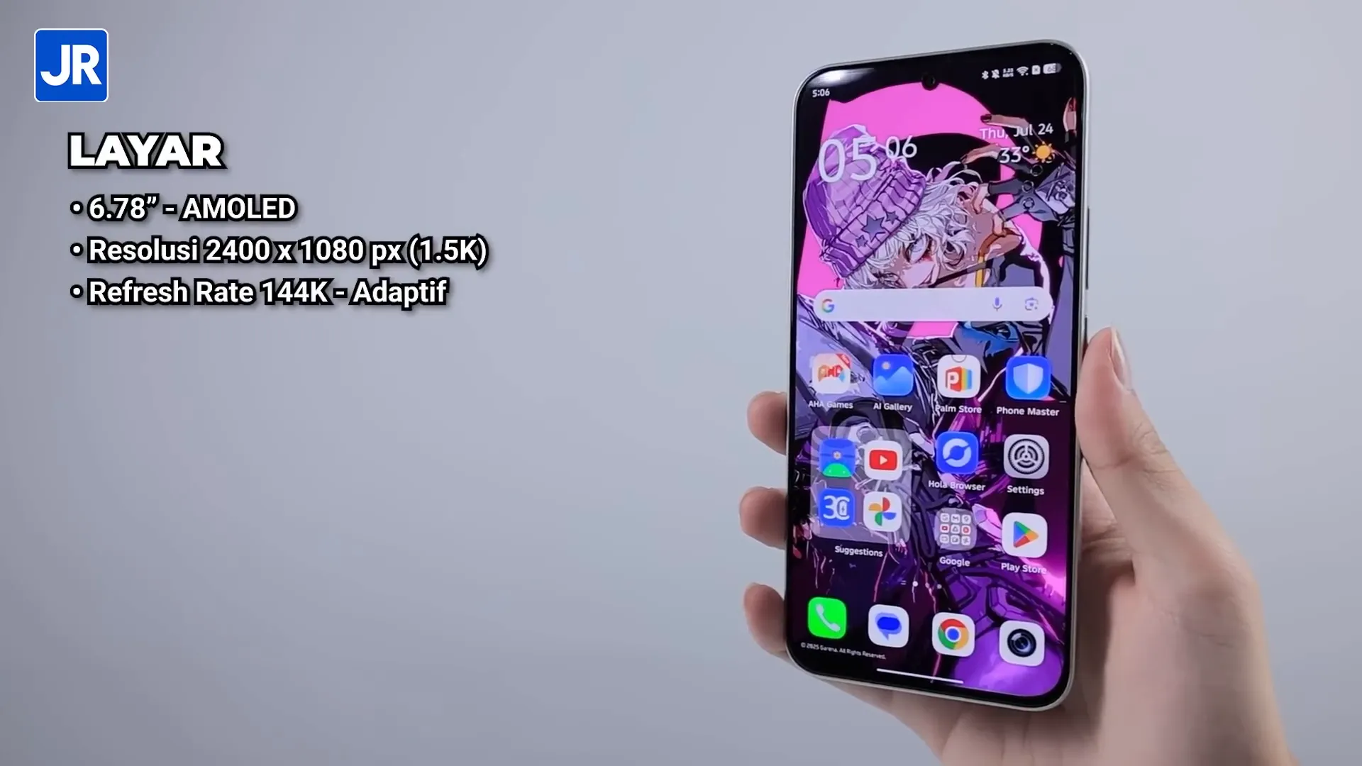 Tampilan layar AMOLED 6,78 inci dengan refresh rate adaptif