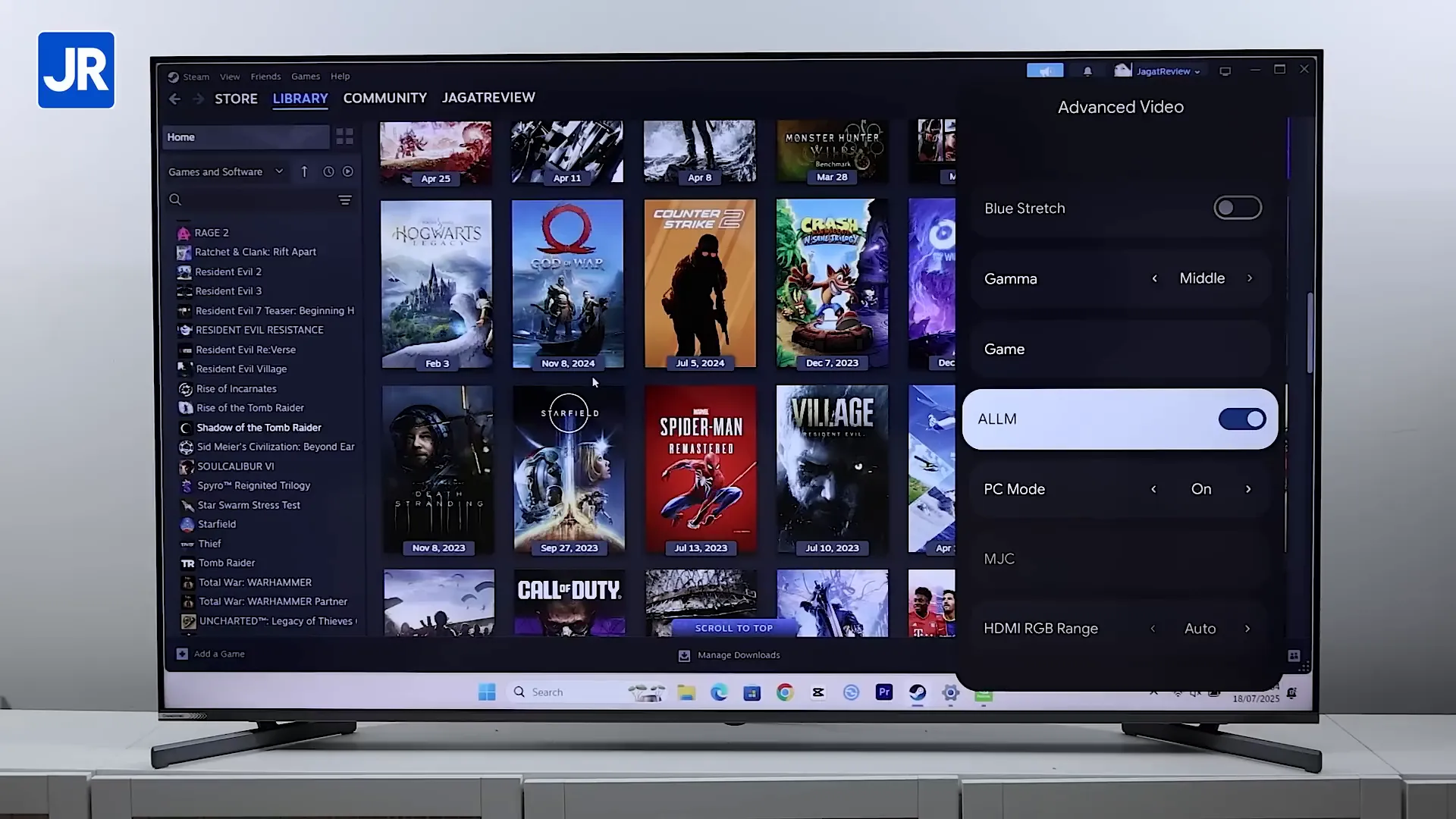 Pengaturan game: mode PC terdeteksi, ALLM aktif, dan pengaturan VRR