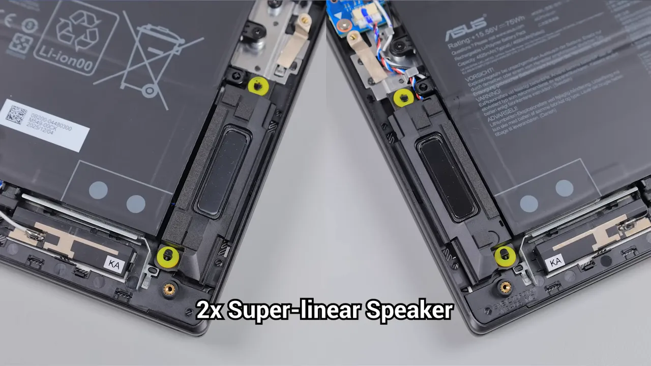 Bagian dalam laptop memperlihatkan dua speaker super-linear di samping baterai dengan teks '2x Super-linear Speaker'