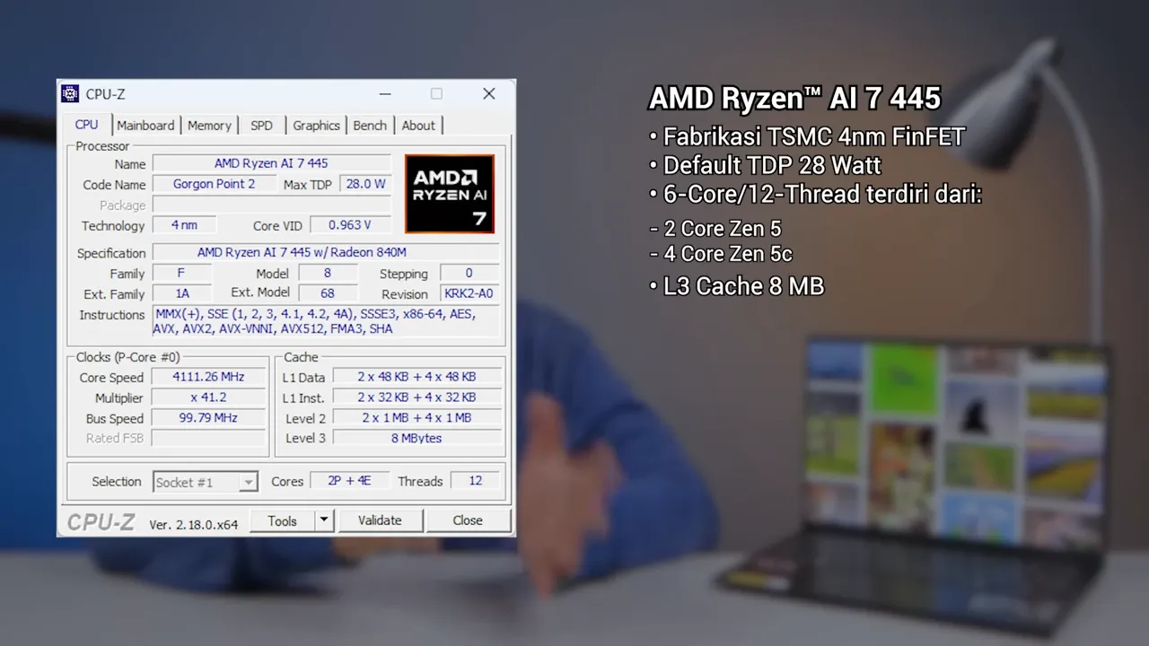CPU-Z menampilkan AMD Ryzen AI 7 445 dengan informasi core, clock, dan cache yang jelas