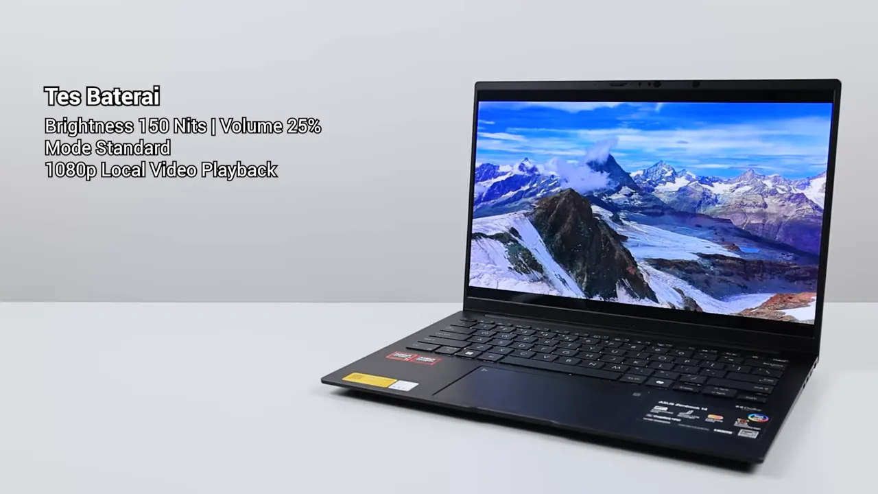 Layar Zenbook menampilkan teks 'Tes Baterai' dan rincian setelan pengujian baterai