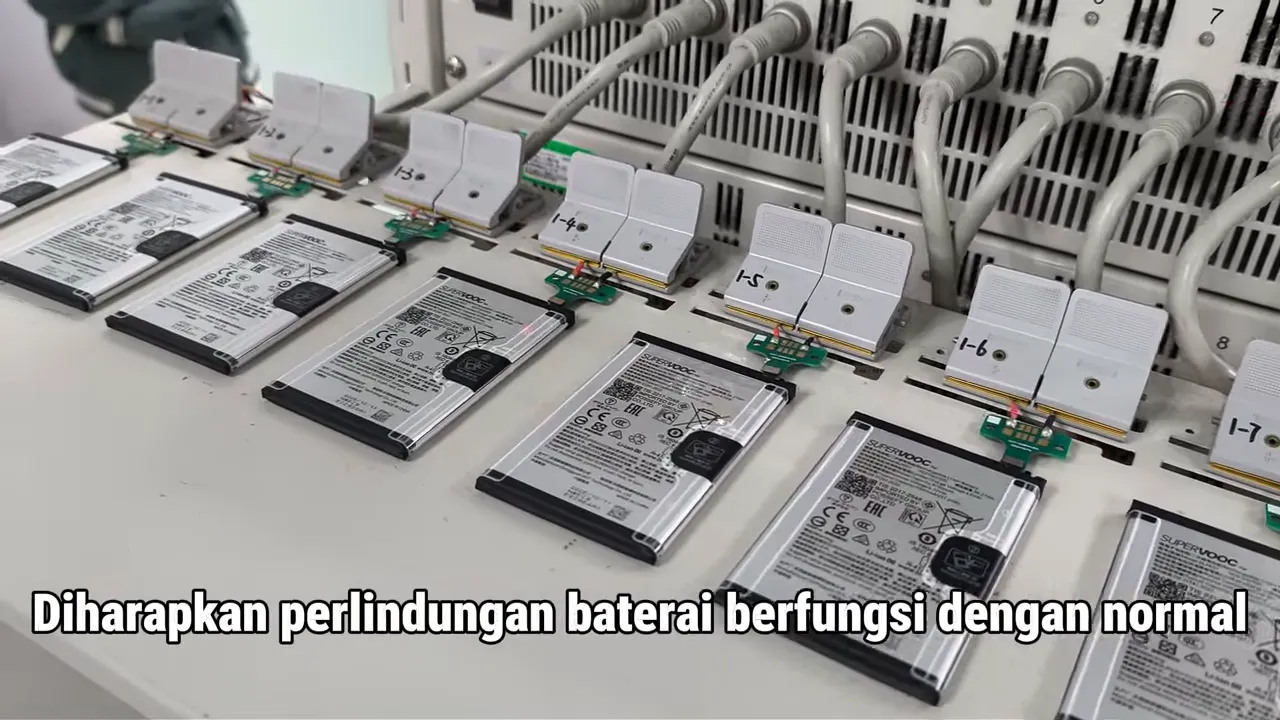 Beberapa baterai ponsel terhubung ke peralatan uji di laboratorium