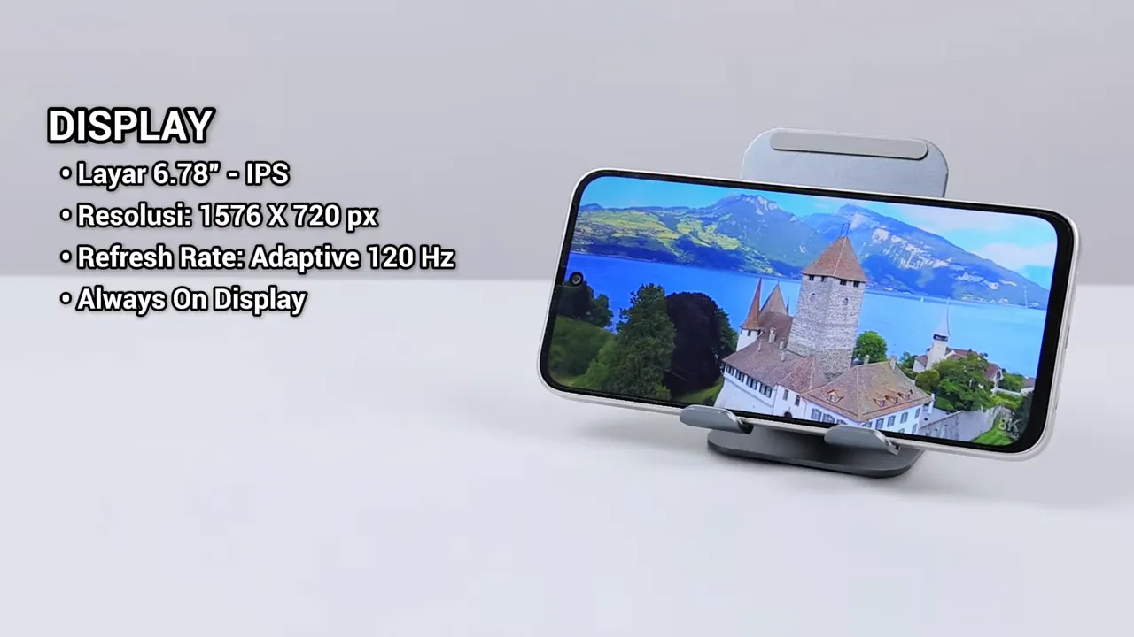 Itel CITY 200 layar 6.78 inci posisi landscape menampilkan video di layar dan teks 'DISPLAY' dengan spesifikasi