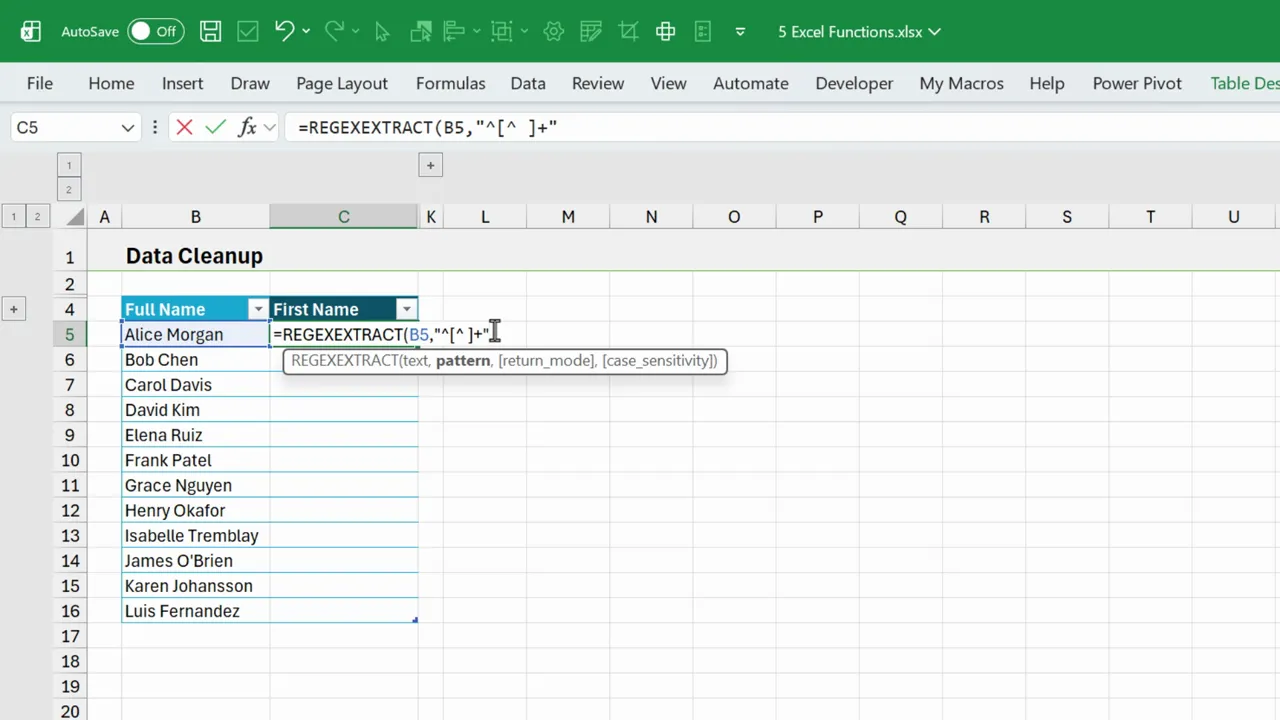 Clear Excel screenshot showing REGEXEXTRACT formula and tooltip extracting first name from full name list