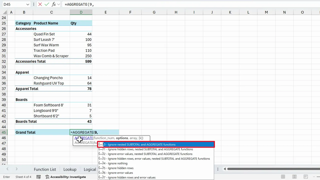 AGGREGATE options dropdown with 'ignore nested SUBTOTAL and AGGREGATE functions' highlighted.