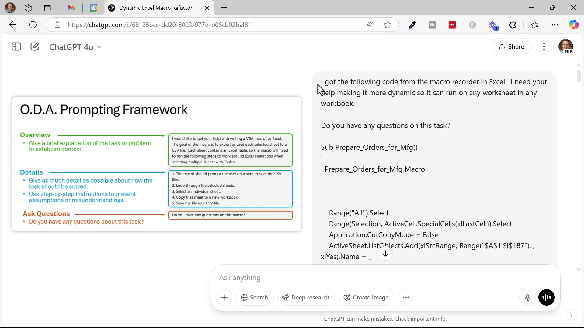 ChatGPT interface showing VBA macro code improvement