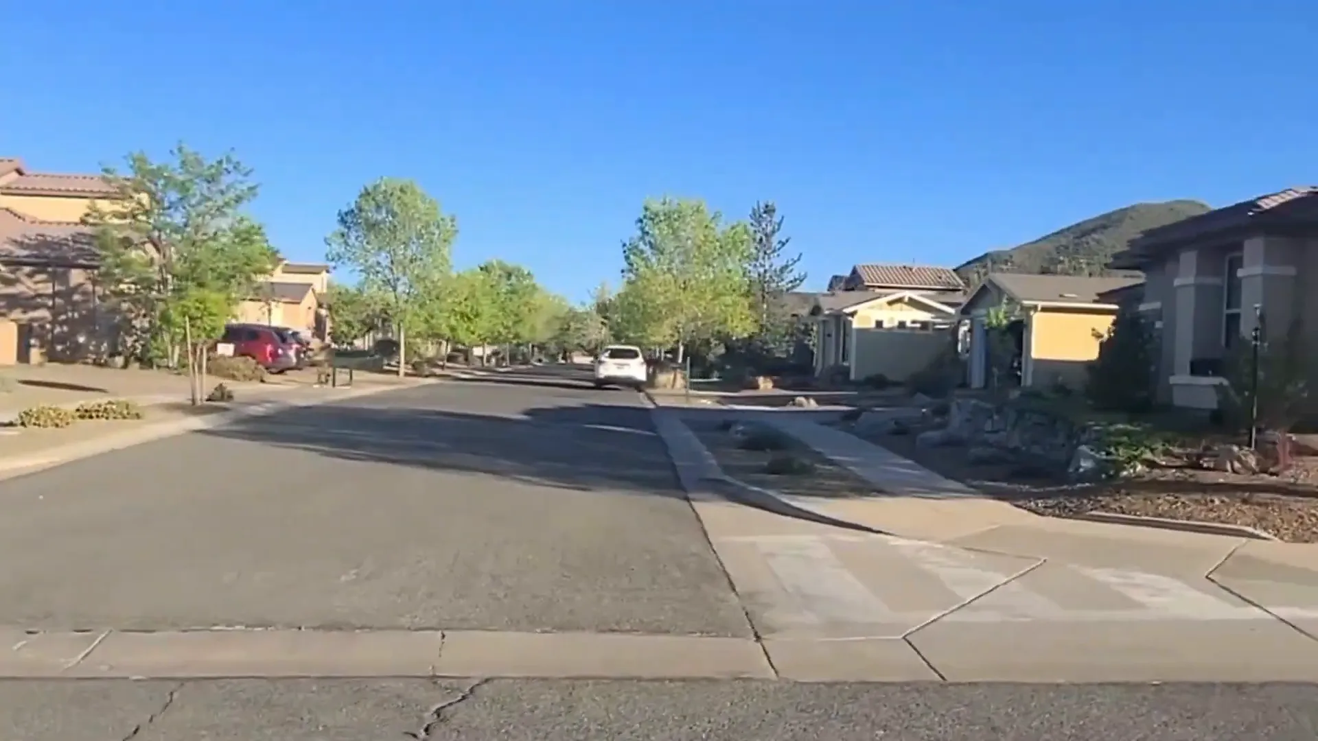 Tree-lined suburban street with single-story homes, driveways and a parked car — typical neighborhood scene