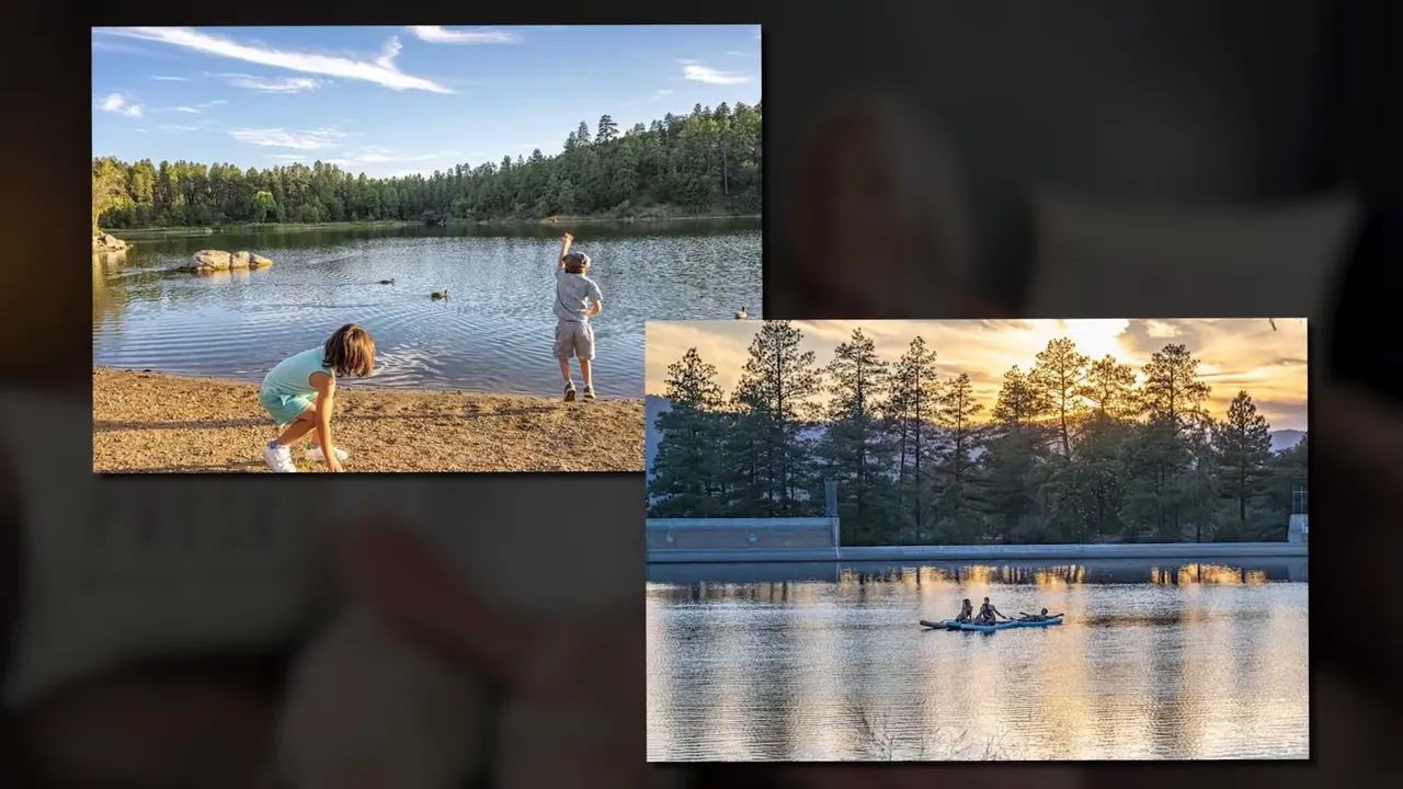 children playing on a lake shore and kayakers on a pine-lined reservoir at sunset