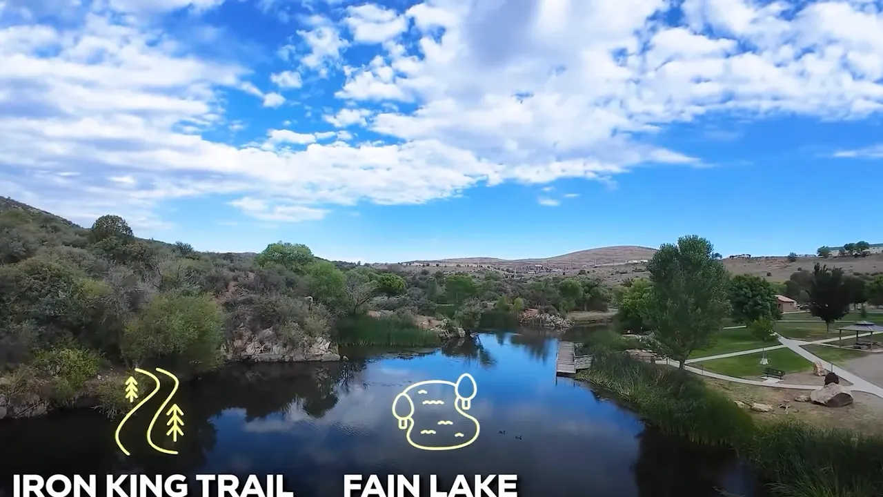 Aerial view of Fain Lake with parkland and walking paths under a blue sky