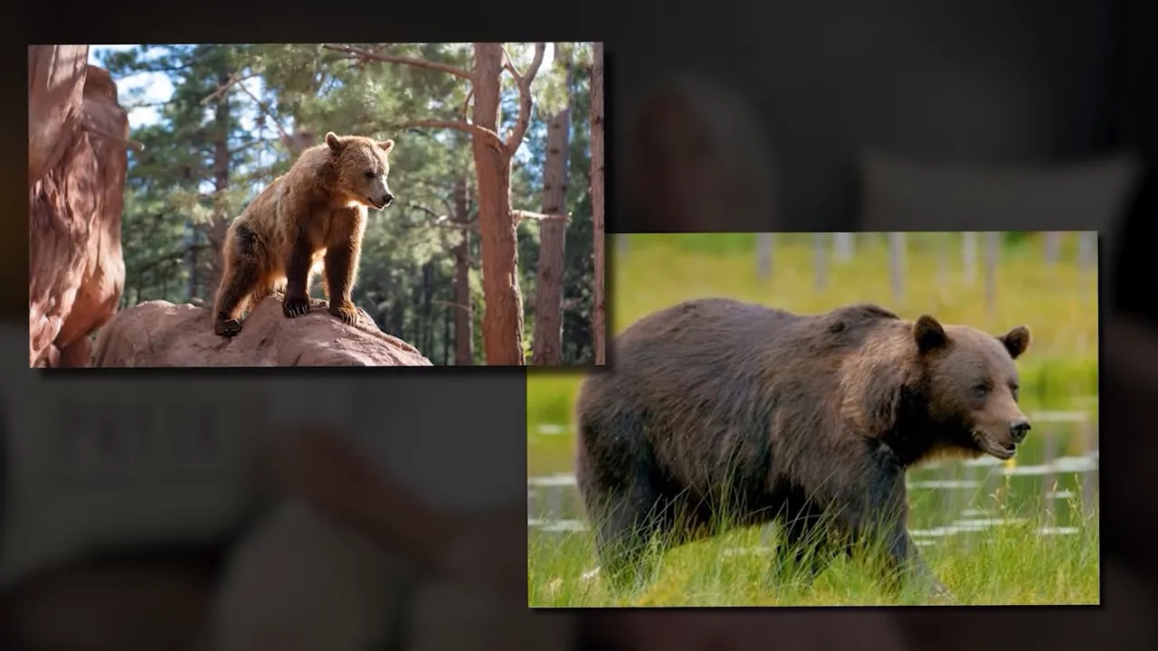 Two photos of bears — one standing on a rocky outcrop in the forest and one walking through a wet meadow — illustrating presence of large wildlife.