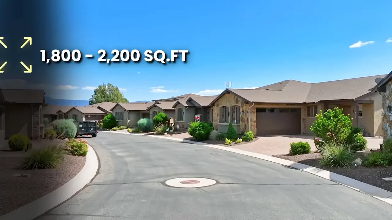 Street view of single‑level master‑plan homes in a cul‑de‑sac with landscaped yards and blue sky; overlaid text '1,800–2,200 SQ.FT'