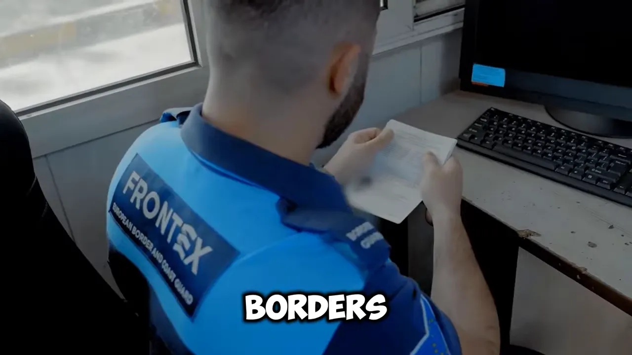 Uniformed Frontex officer examining a document at a desk beside a computer