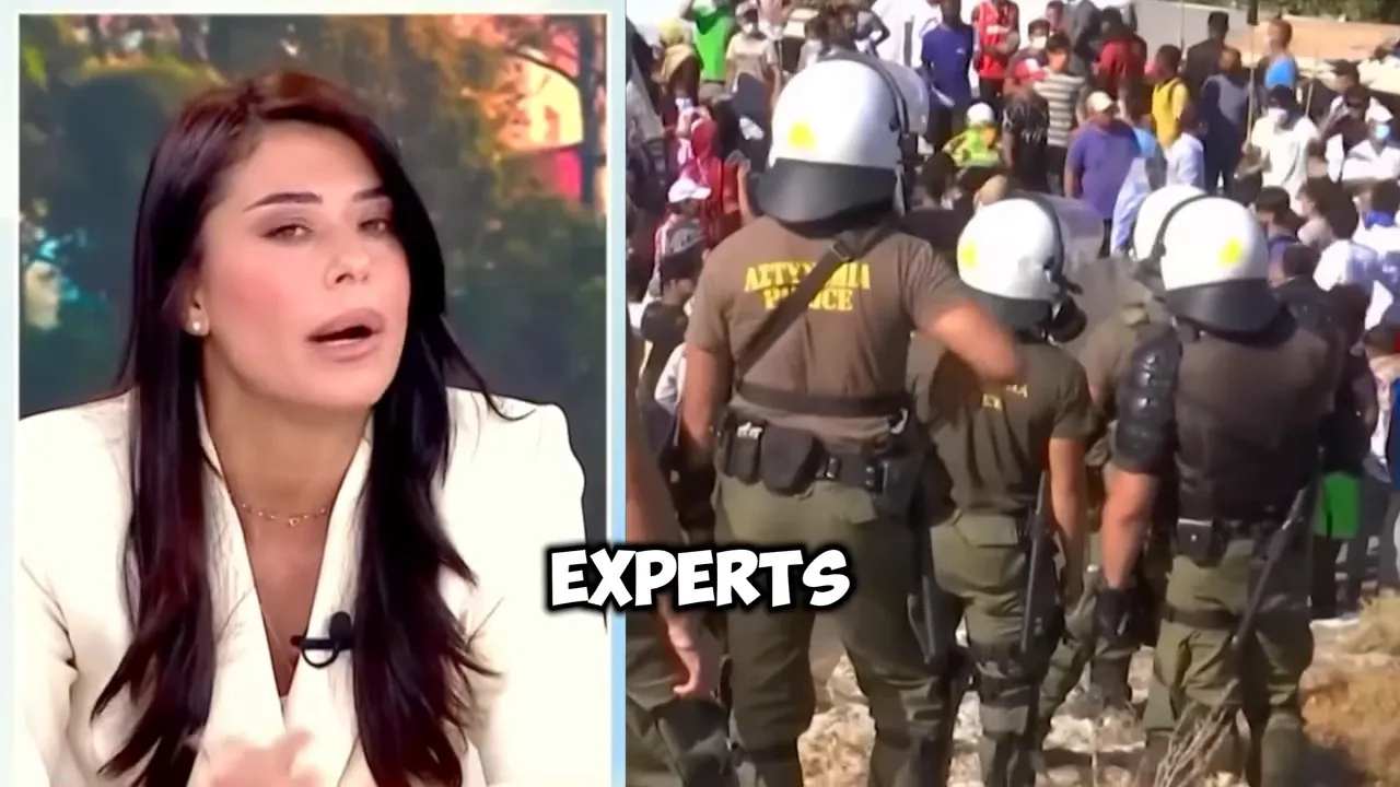 Riot police in helmets and shields standing before a crowd of people