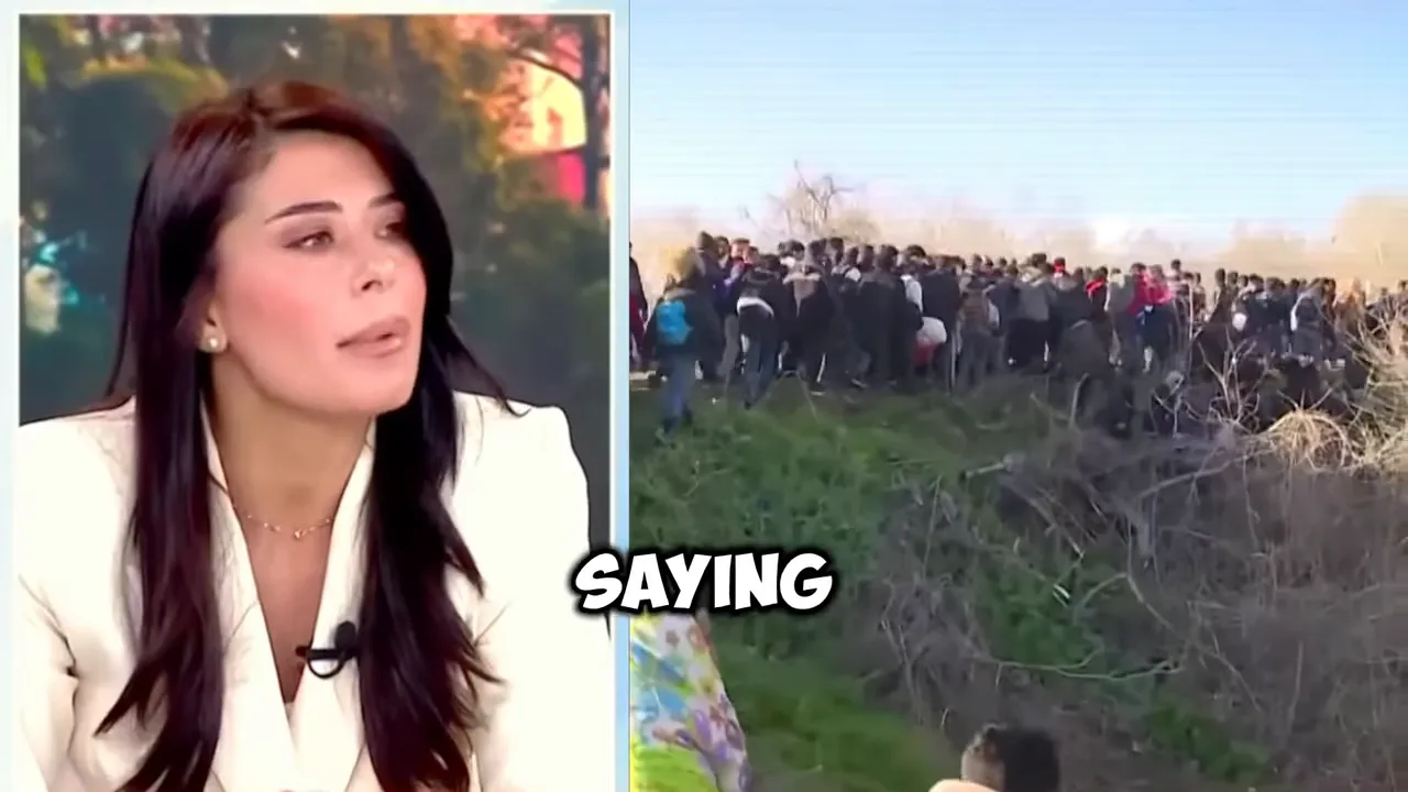 Split-screen: presenter on the left and a dense crowd of people moving across open ground on the right.