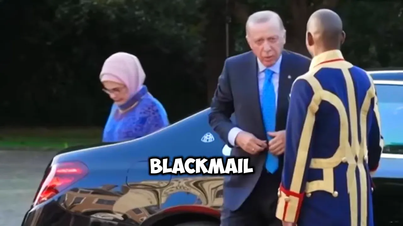 Government official exiting a car beside security personnel with a bold on-screen caption overlay.