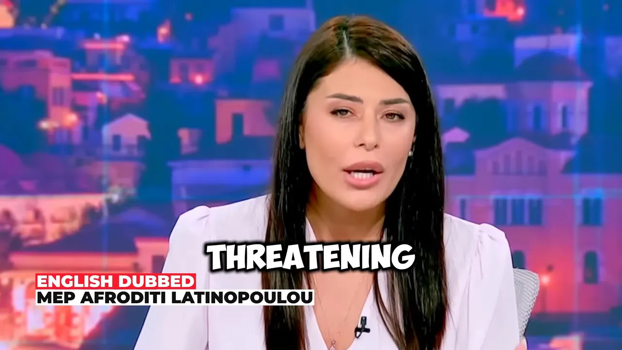 Front-facing shot of a female MEP speaking on a news set with 'THREATENING' overlaid