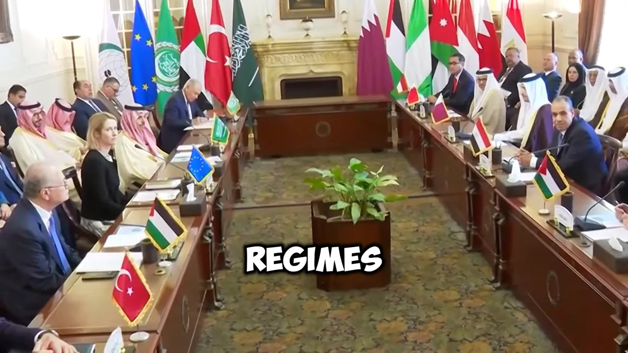 International summit table with national and regional flags and officials seated around a conference table.