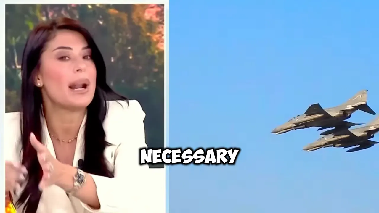 Split-screen view of a presenter on the left and two fighter jets flying in formation against a clear blue sky on the right.