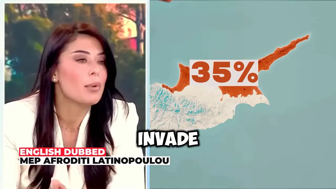 Split-screen: studio interview at left and a map of Cyprus with a percentage overlay at right.