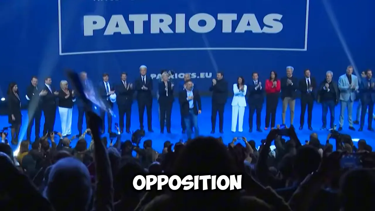 Political leaders standing on a blue stage beneath the word Patriotas