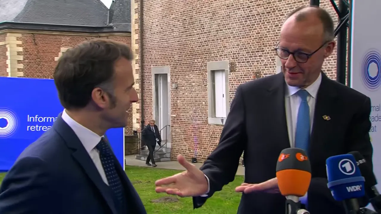 European political leaders speaking with microphones during an outdoor press moment