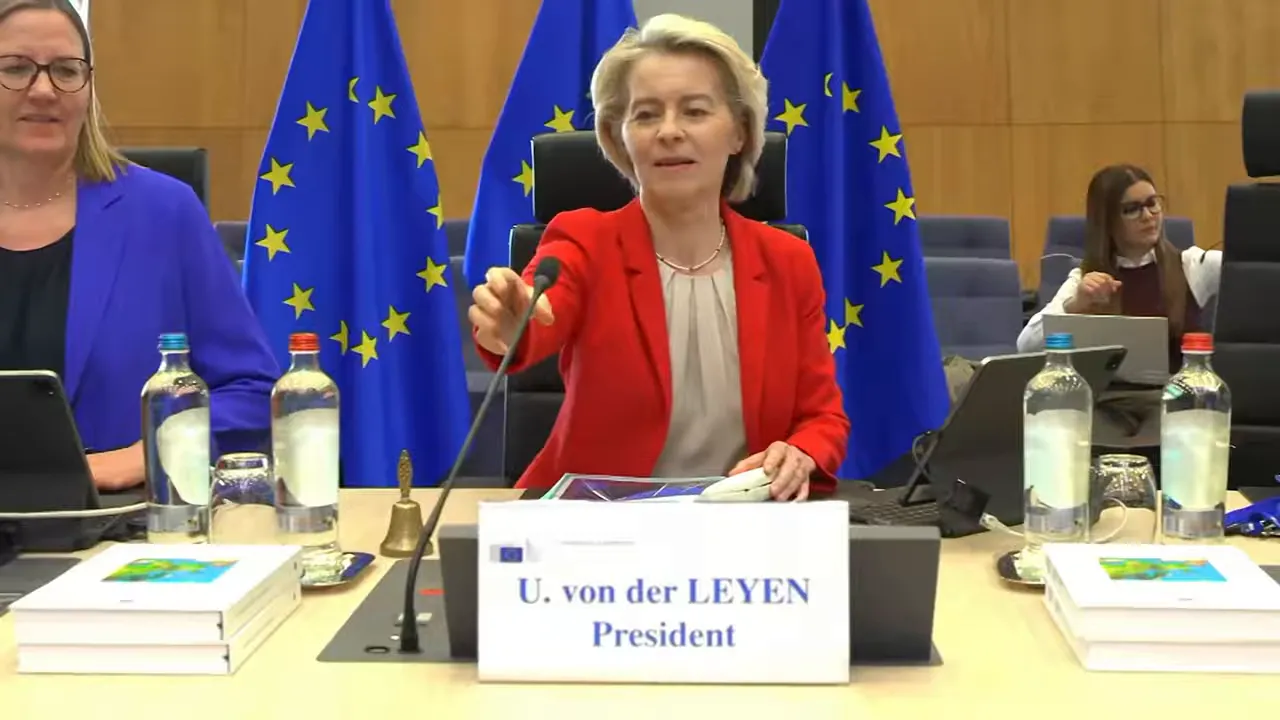 Woman speaking at an international podium with EU flags in the background