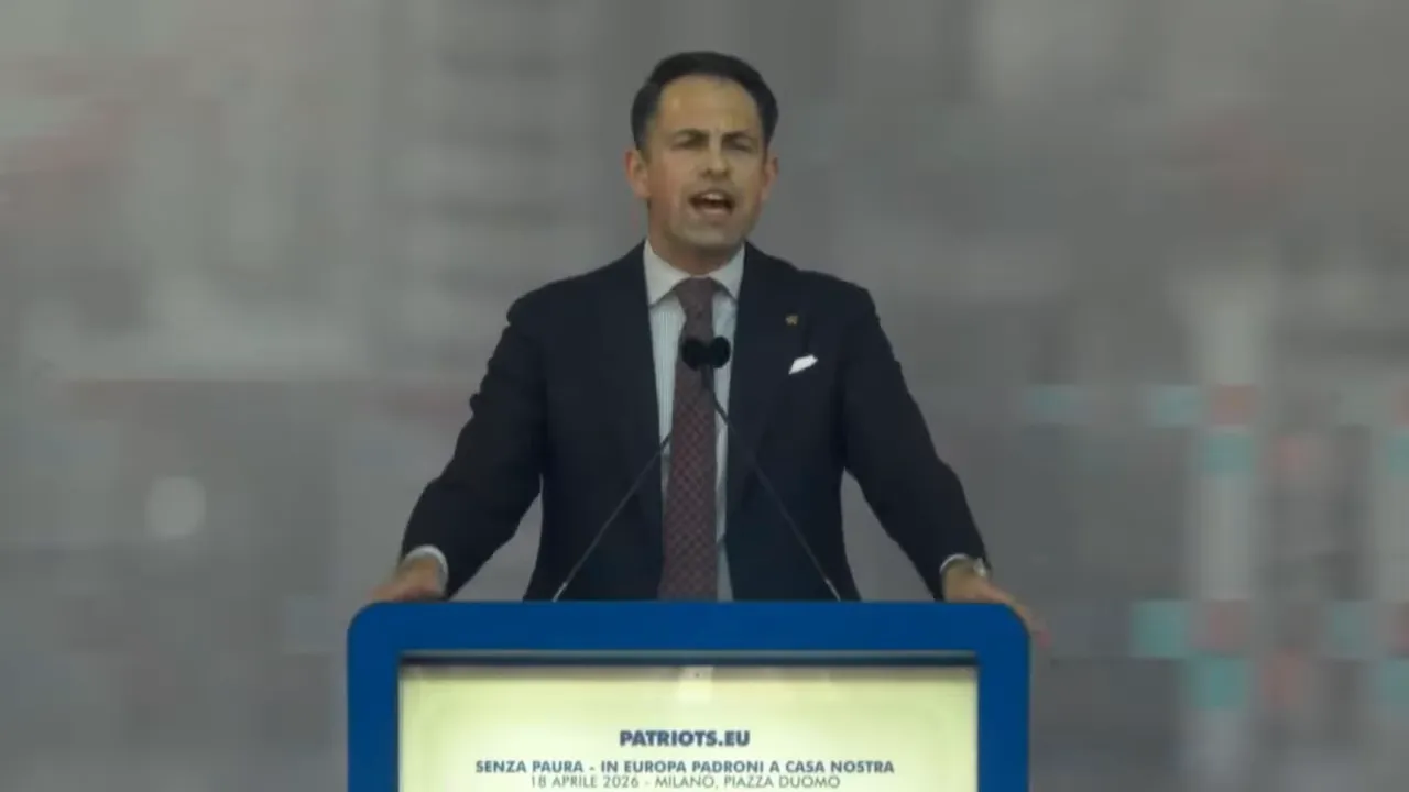 Politician speaking at Patriots.eu podium with microphones and branding