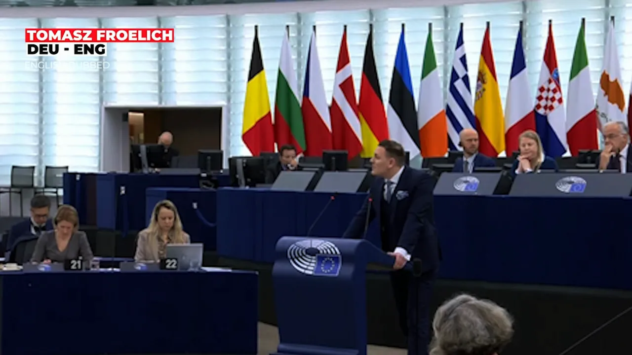 Wide shot of the European Parliament chamber showing an MEP at the podium and national flags in the background