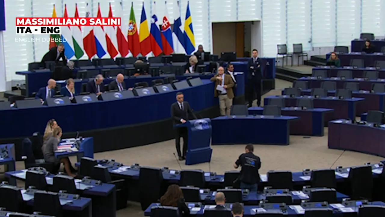 Wide shot of the European Parliament chamber showing the speaker at the podium and a row of national flags in the background