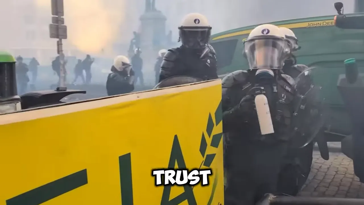 Riot police standing by an armored truck with on-screen text 'TRUST' in a foggy city