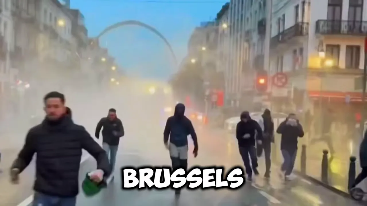 People walking in a hazy Brussels street scene suggesting migration pressure