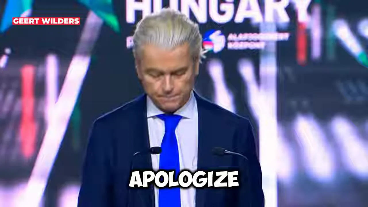 Geert Wilders speaking on stage with the on-screen subtitle “APOLOGIZE”