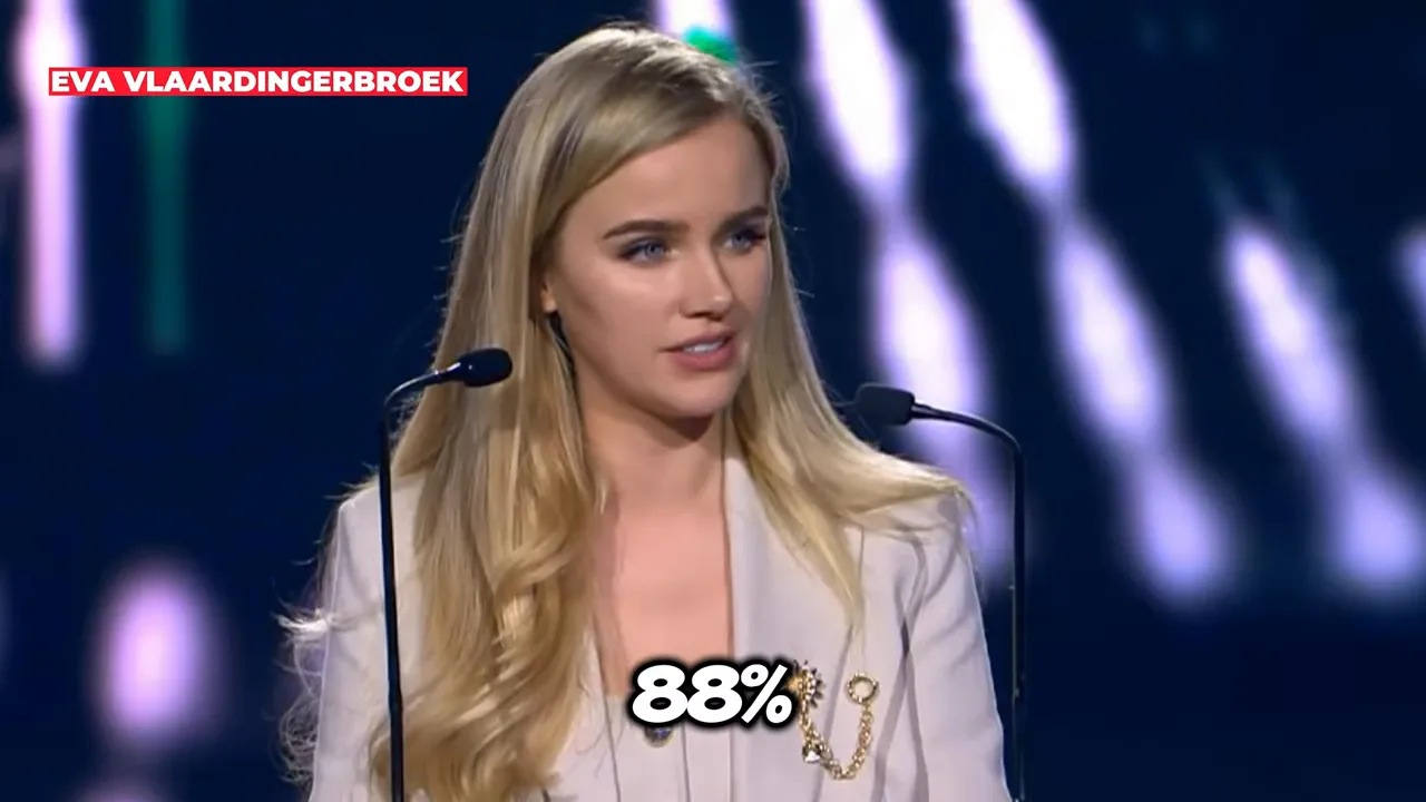 EVA VLAARDINGERBROEK speaking with the on-screen statistic “88%”