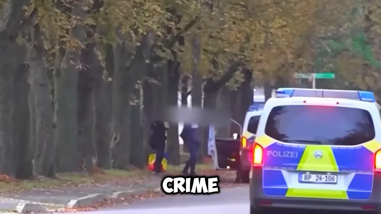 Police vehicle at the roadside with on-screen text “CRIME”