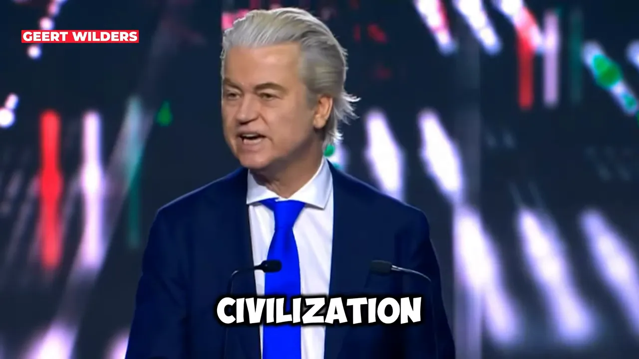 Geert Wilders speaking at a podium with the on-screen subtitle