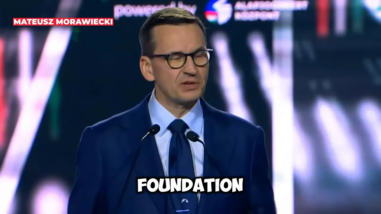 Mateusz Morawiecki speaking at a podium with the on-screen subtitle “FOUNDATION.”