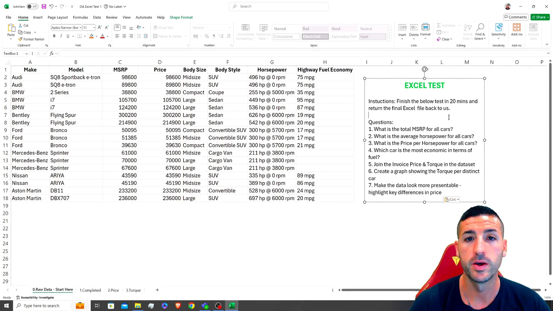 Introduction to Excel test with car dealership data